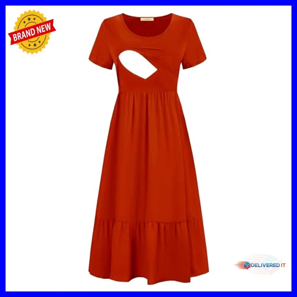 Maternity Nursing Maxi Dress with Pockets, Tiered Flowy A-Line